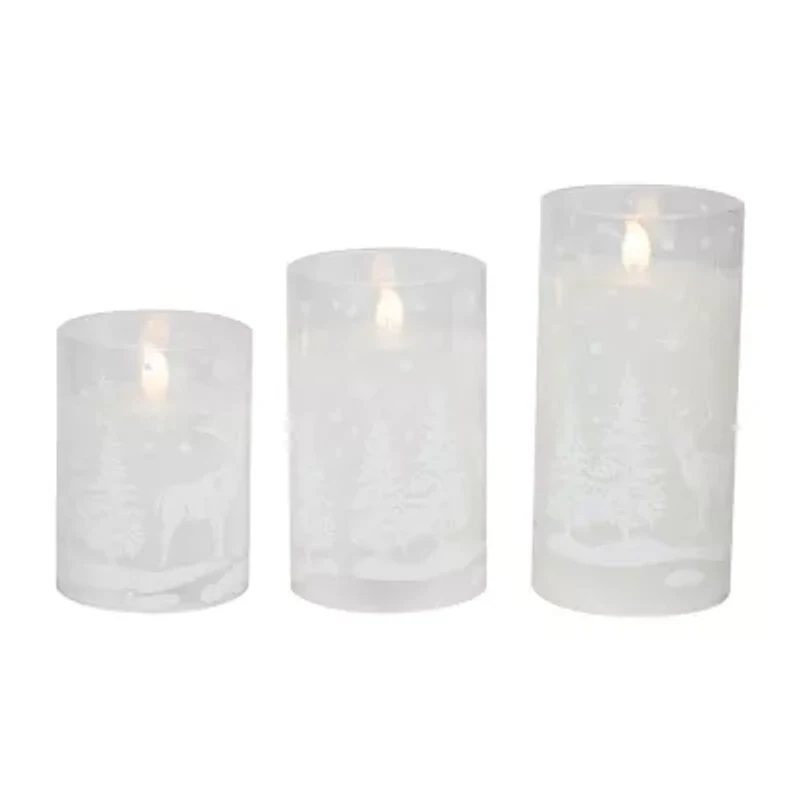 Northlight Led Flickering Snowy Woodland Glass Pillar - 6in - Set Of 3 Flameless Candle