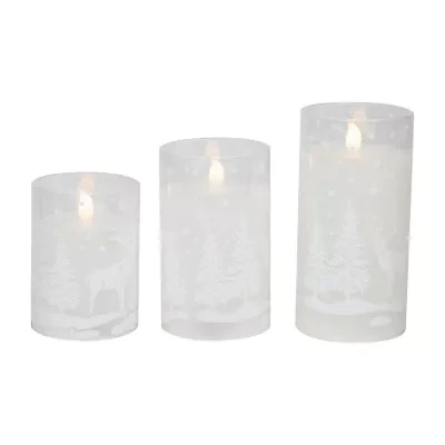 Northlight Led Flickering Snowy Woodland Glass Pillar - 6in - Set Of 3 Flameless Candle