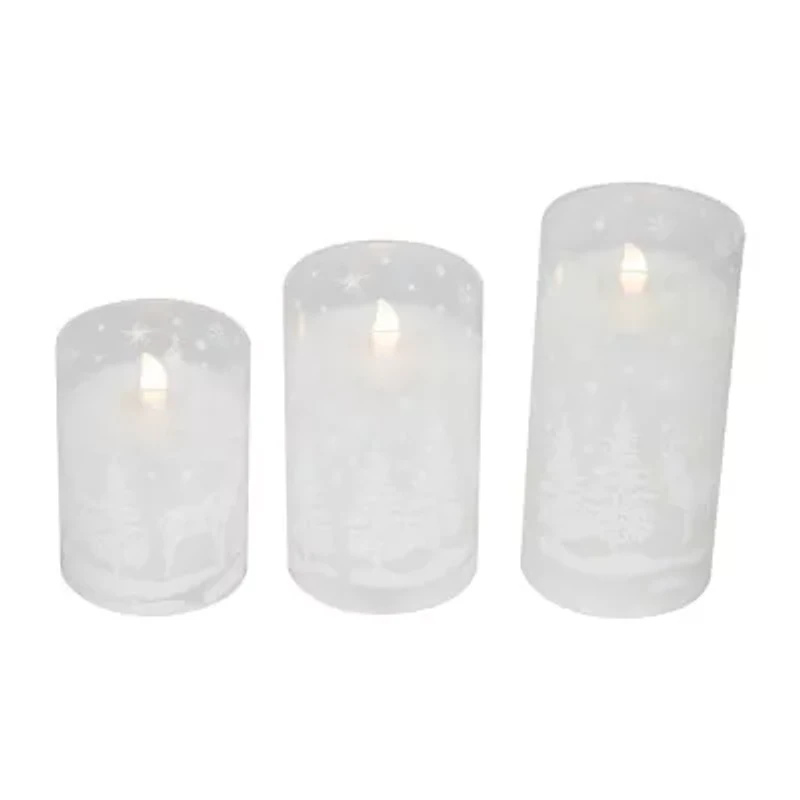 Northlight Led Flickering Snowy Woodland Glass Pillar - 6in - Set Of 3 Flameless Candle