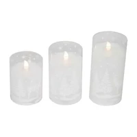 Northlight Led Flickering Snowy Woodland Glass Pillar - 6in - Set Of 3 Flameless Candle