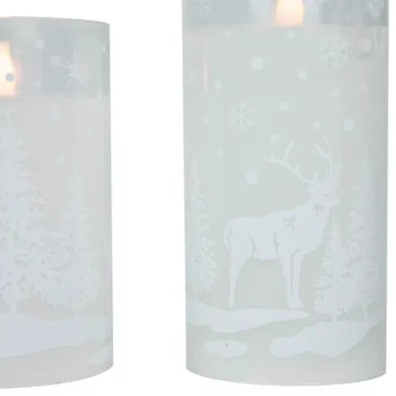 Northlight Led Flickering Snowy Woodland Glass Pillar - 6in - Set Of 3 Flameless Candle
