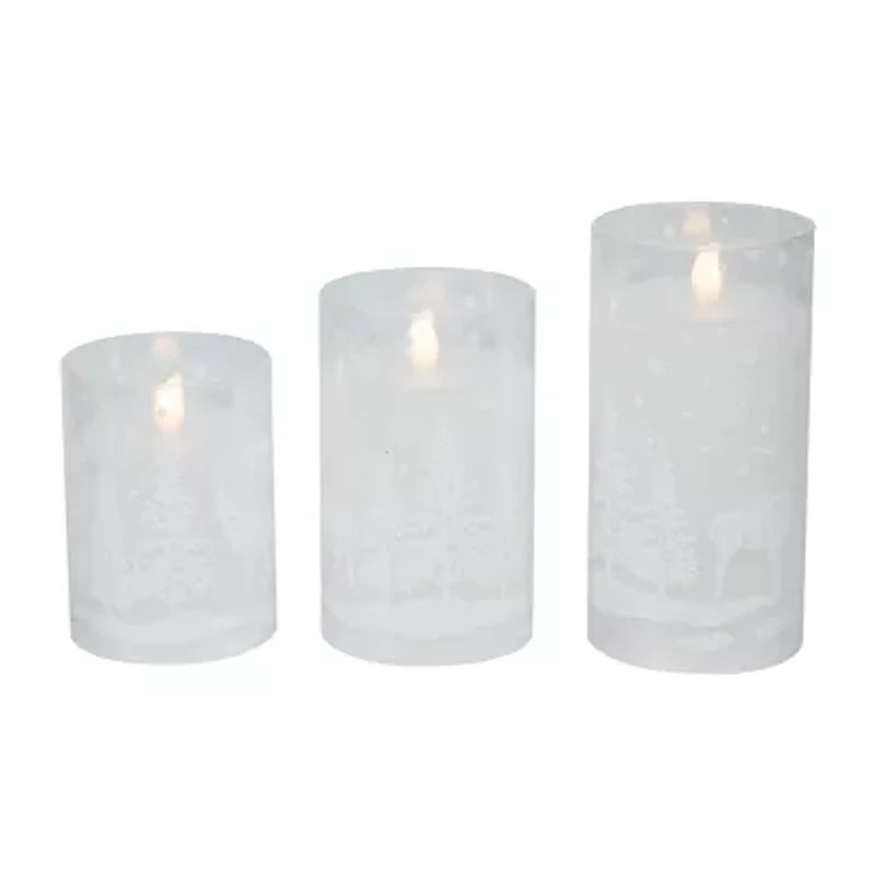 Northlight Led Flickering Snowy Woodland Glass Pillar - 6in - Set Of 3 Flameless Candle