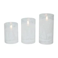 Northlight Led Flickering Snowy Woodland Glass Pillar - 6in - Set Of 3 Flameless Candle