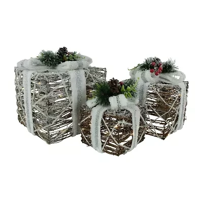 Northlight Led Lighted Gift Boxes With Pine And Berries S - 9.75in - Set Of 3 Christmas Tabletop Decor