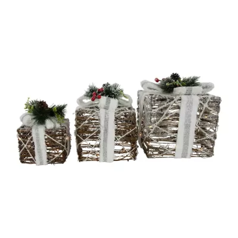 Northlight Led Lighted Gift Boxes With Pine And Berries S - 9.75in - Set Of 3 Christmas Tabletop Decor