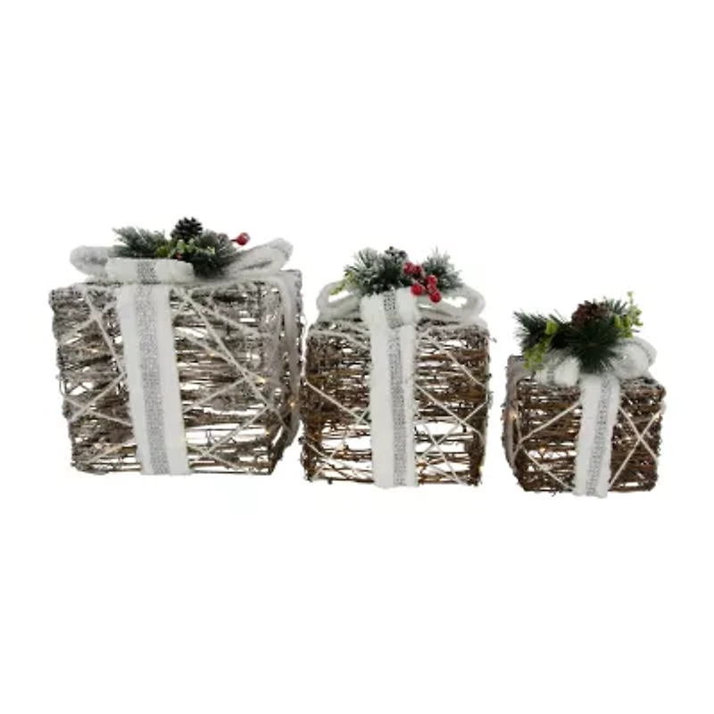 Northlight Led Lighted Gift Boxes With Pine And Berries S - 9.75in - Set Of 3 Christmas Tabletop Decor