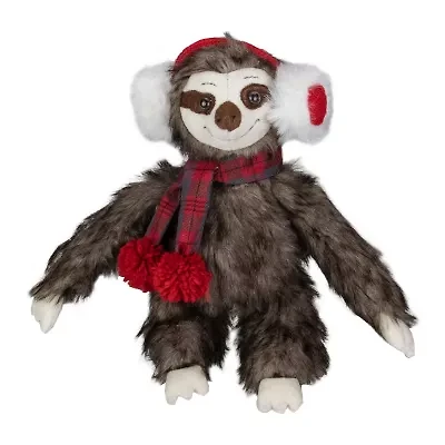 Northlight 12" Plush Sitting Winter Sloth With Plaid And Pom Pom Scarf Christmas Figurine
