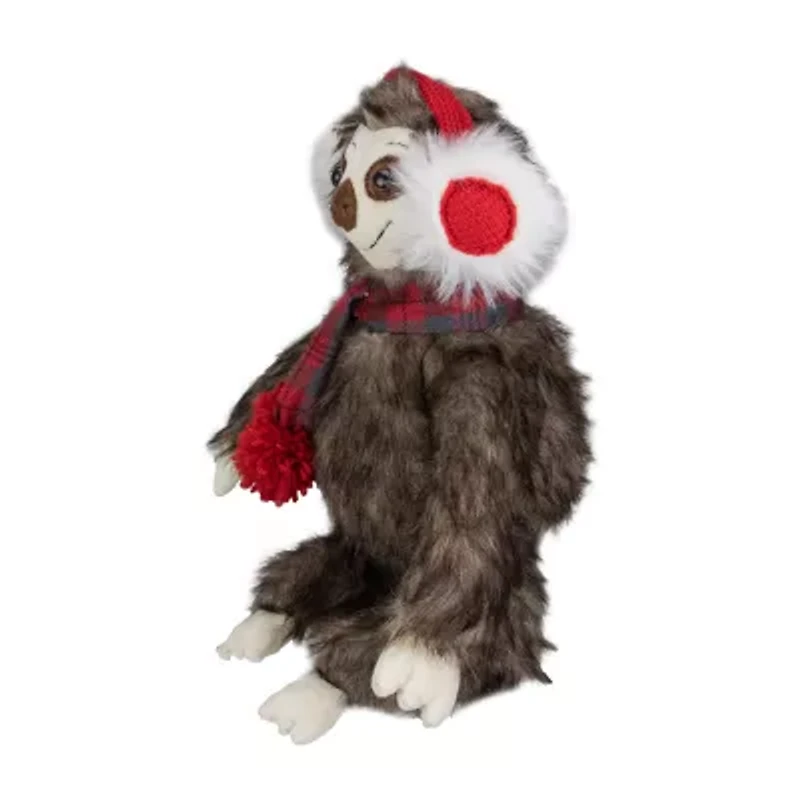Northlight Plush Sitting Winter Sloth With Plaid And Pom Pom Scarf- 12in Christmas Figurine