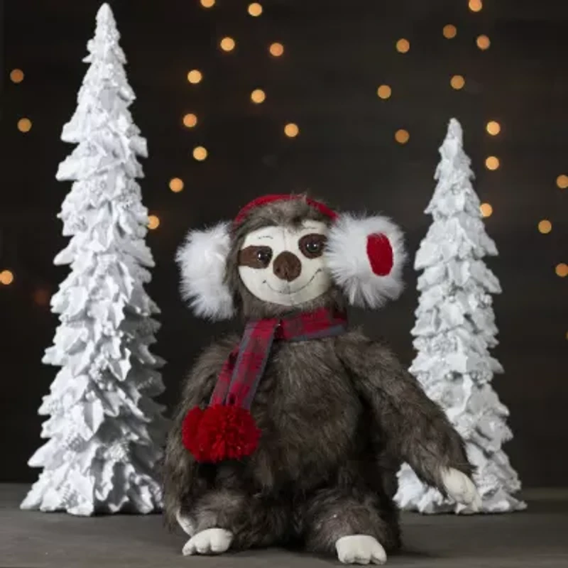 Northlight Plush Sitting Winter Sloth With Plaid And Pom Pom Scarf- 12in Christmas Figurine