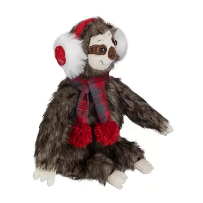 Northlight Plush Sitting Winter Sloth With Plaid And Pom Pom Scarf- 12in Christmas Figurine