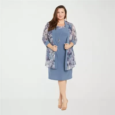 R & M Richards Womens Plus Leaf Jacket Dress With Removable Necklace