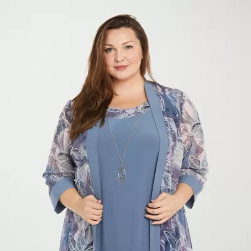 R & M Richards Womens Plus Leaf Jacket Dress With Removable Necklace