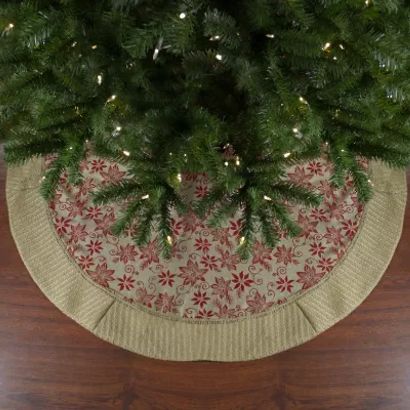 Northlight 48in Tan And Red Rustic Burlap Poinsettia Indoor Tree Skirt