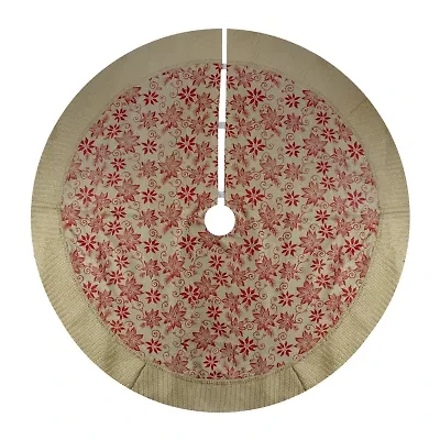 Northlight 48in Tan And Red Rustic Burlap Poinsettia Indoor Tree Skirt
