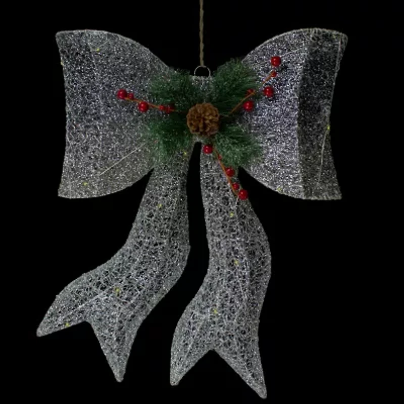 Northlight 22" Led Gradient Mesh Bow Silver Finish Warm White Christmas Yard Art