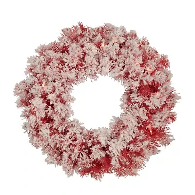 Northlight Pre-Lit Flocked - 24in - Red - Clear Lights Wreath