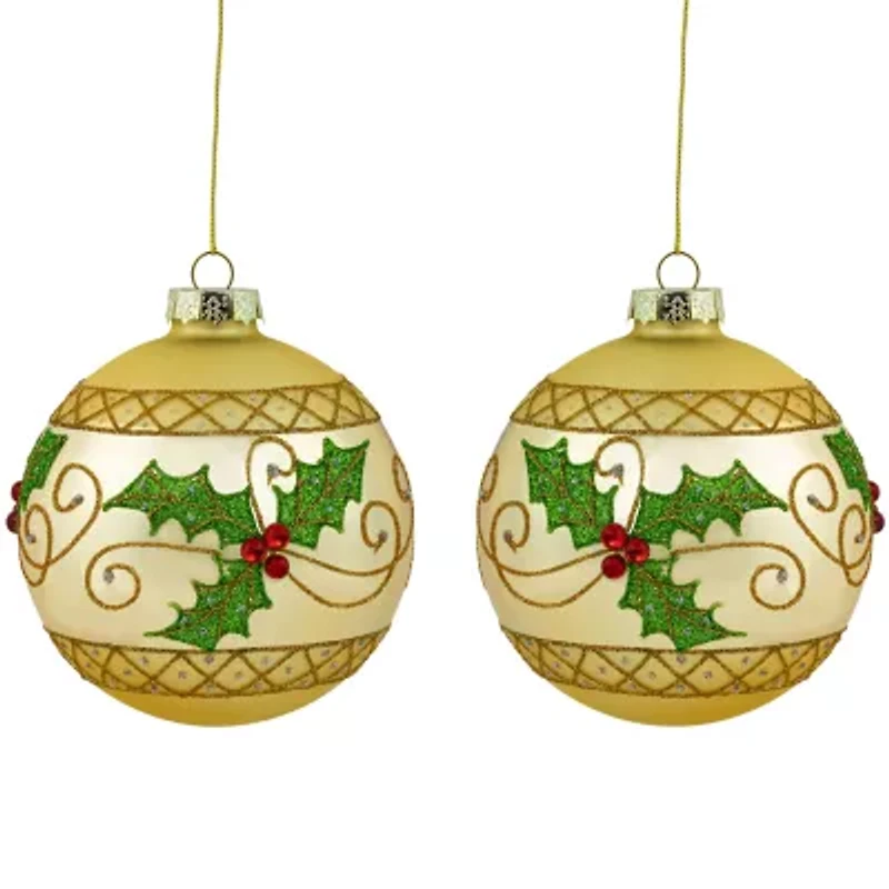 Northlight Set Of 2 Golden Glittered Holly And Berries Glass Ball 4in Christmas Ornament
