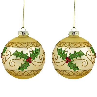 Northlight Set Of 2 Golden Glittered Holly And Berries Glass Ball 4in Christmas Ornament