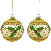 Northlight Set Of 2 Golden Glittered Holly And Berries Glass Ball 4in Christmas Ornament