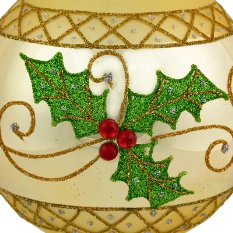 Northlight 4" Glittered Holly And Berries Glass Ball Christmas Ornament