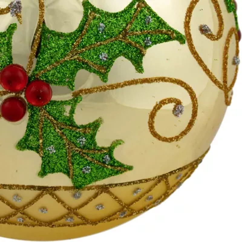 Northlight 4" Glittered Holly And Berries Glass Ball Christmas Ornament