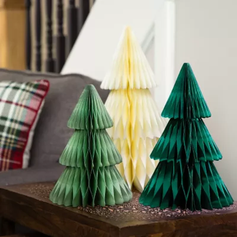 Northlight Accordion Honeycomb Foldable Paper- 15in - Green And Ivory - Set Of 3 1 Foot Christmas Tree