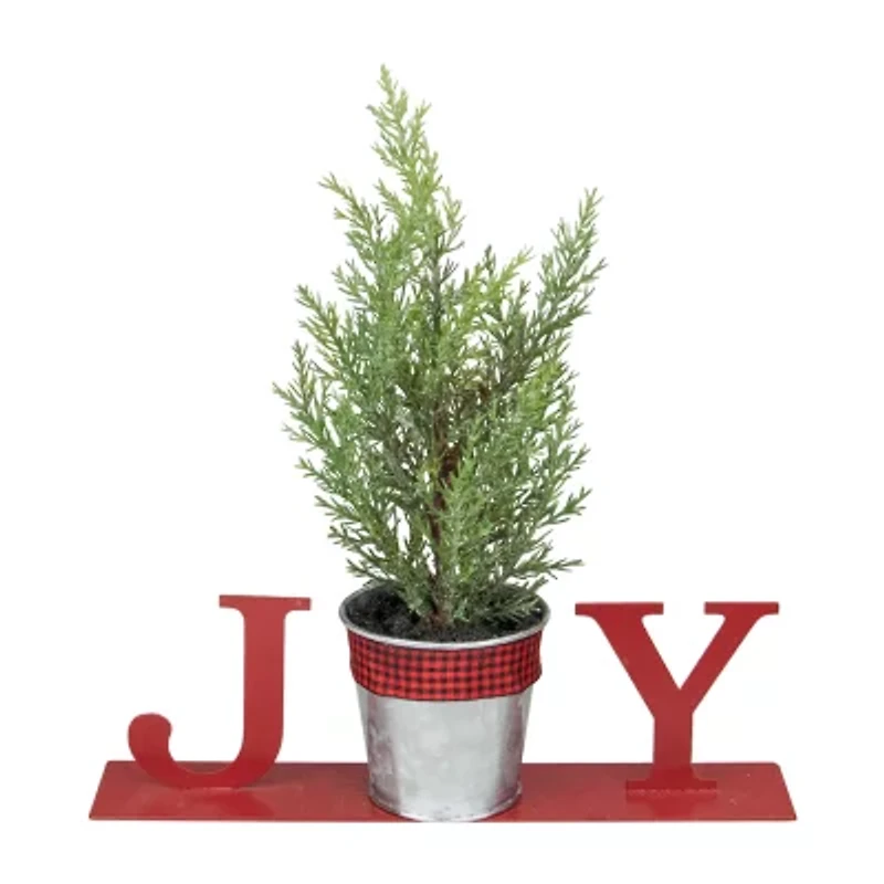 Northlight Potted Faux Pine In Metal "Joy" Planter - 10in - Red Christmas Tabletop Decor