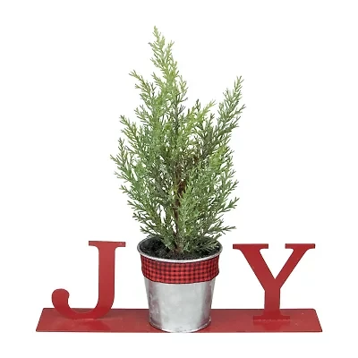 Northlight Potted Faux Pine In Metal "Joy" Planter - 10in - Red Christmas Tabletop Decor