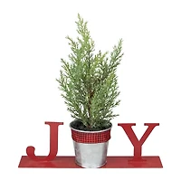 Northlight Potted Faux Pine In Metal "Joy" Planter - 10in - Red Christmas Tabletop Decor
