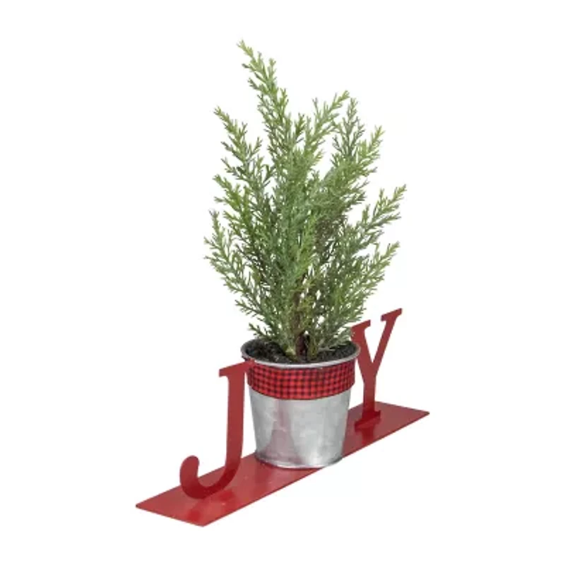 Northlight Potted Faux Pine In Metal "Joy" Planter - 10in - Red Christmas Tabletop Decor