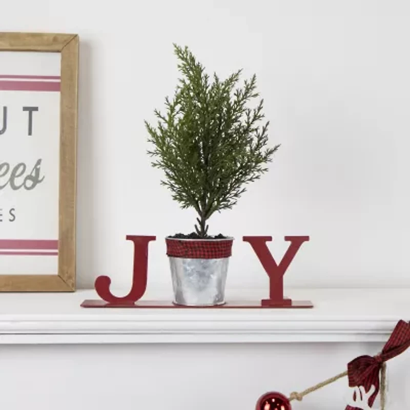 Northlight Potted Faux Pine In Metal "Joy" Planter - 10in - Red Christmas Tabletop Decor