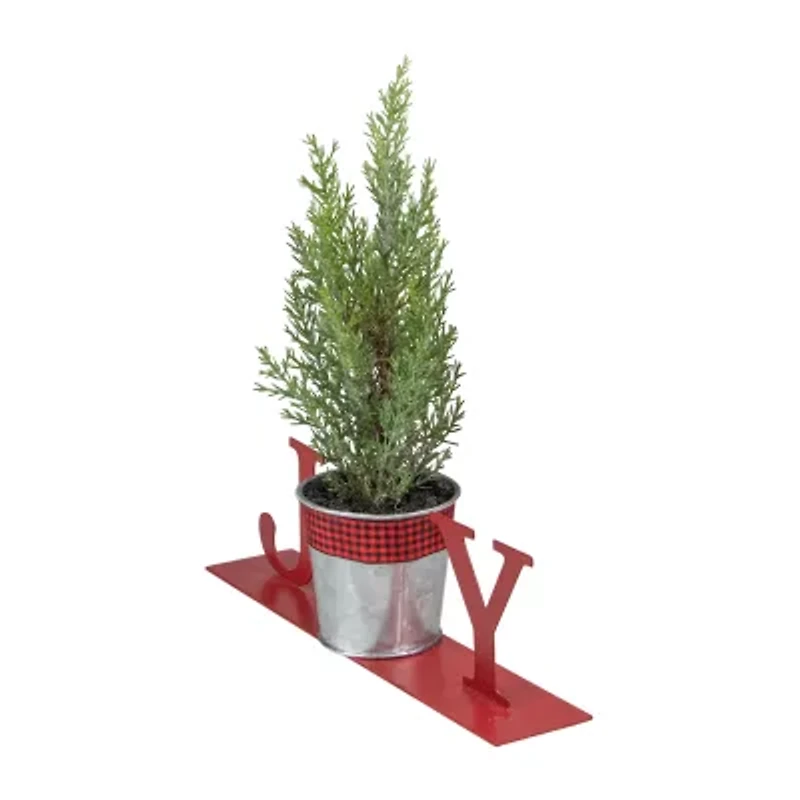 Northlight Potted Faux Pine In Metal "Joy" Planter - 10in - Red Christmas Tabletop Decor