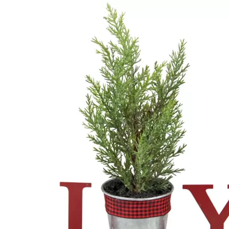 Northlight Potted Faux Pine In Metal "Joy" Planter - 10in - Red Christmas Tabletop Decor