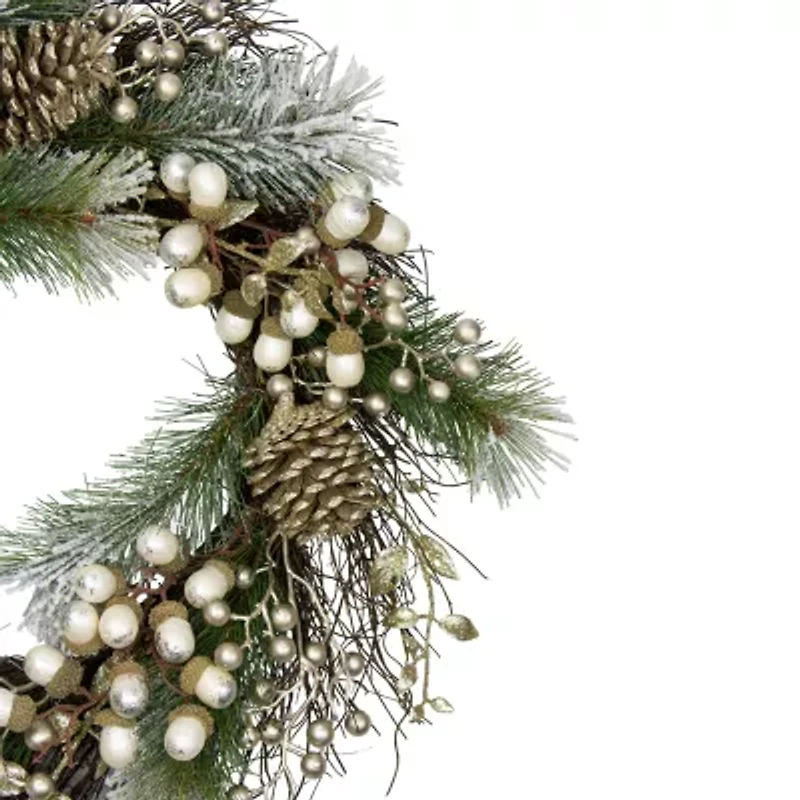 Northlight Acorn And Pine Cone Flocked Pine Needle - 22in - Unlit Wreath