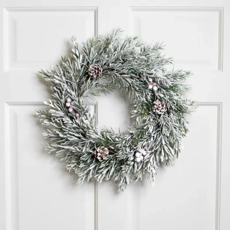 Northlight Pine Cones And Berries Flocked Pine - 20in - Unlit Wreath