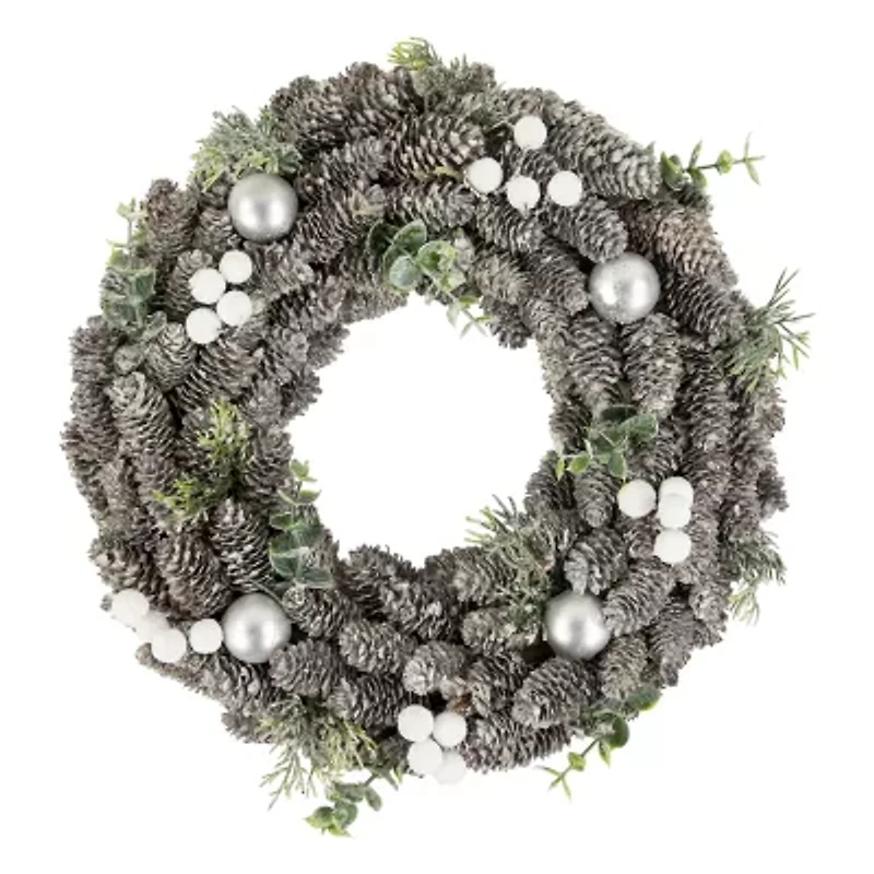 Northlight White Berry And Pinecone Foliage Ornament 12.5in Unlit Wreath