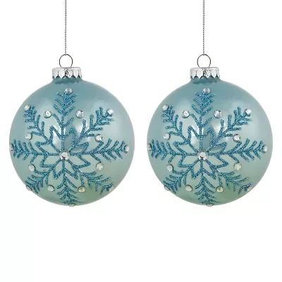Northlight Set Of 2 Light Blue Glittered And Jeweled Snowflake Glass Ball 4in Christmas Ornament