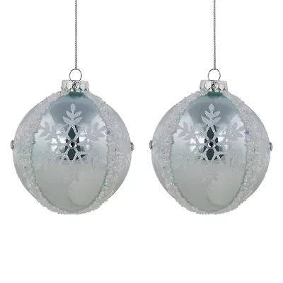 Northlight Set Of 2 Sky Blue Glittered And Beaded Snowflake Glass Ball 4in Christmas Ornament