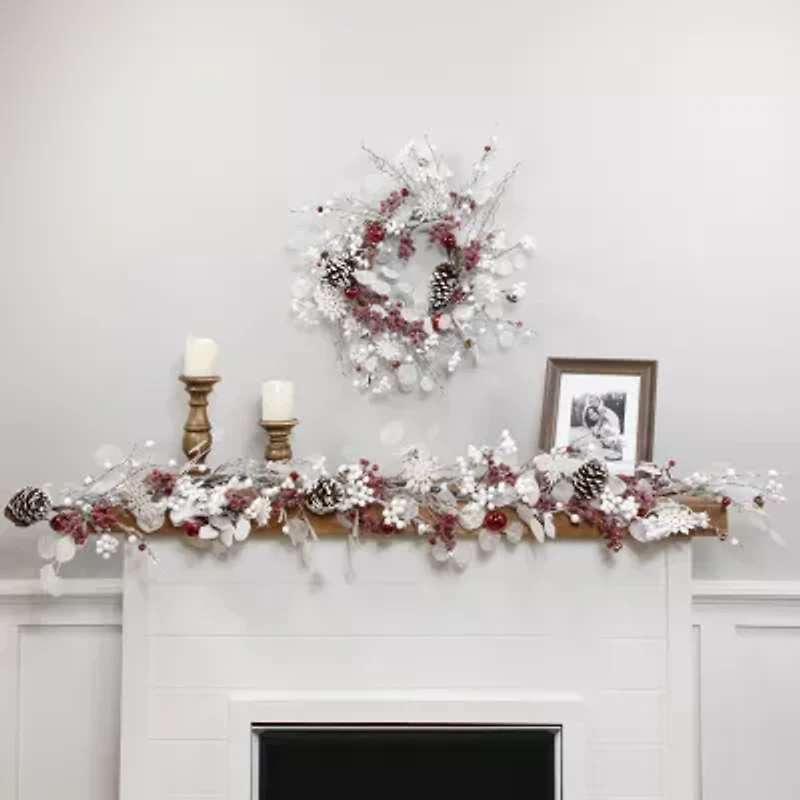 Northlight Berries And Snowflakes - 24in - Red And White - Unlit Wreath