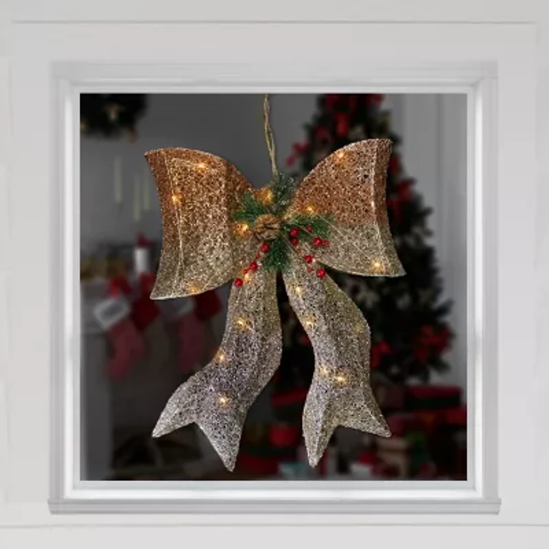 Northlight 23in Led Lighted Champagne Gold Ombre Mesh Bow Christmas Window Decor