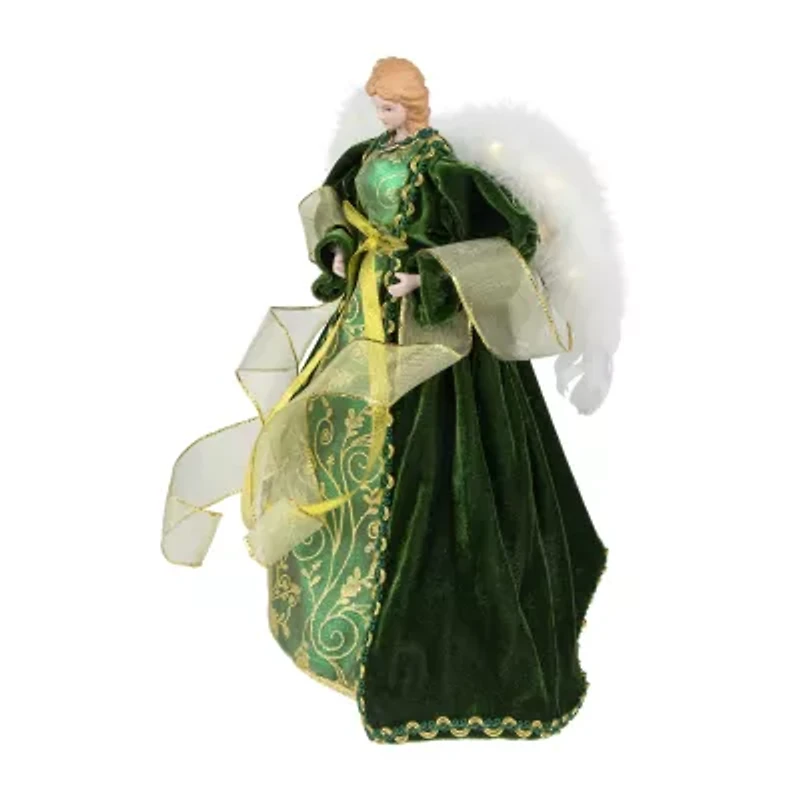 Northlight Angel With Lighted Wings - 14in - Green And Gold Christmas Tree Topper