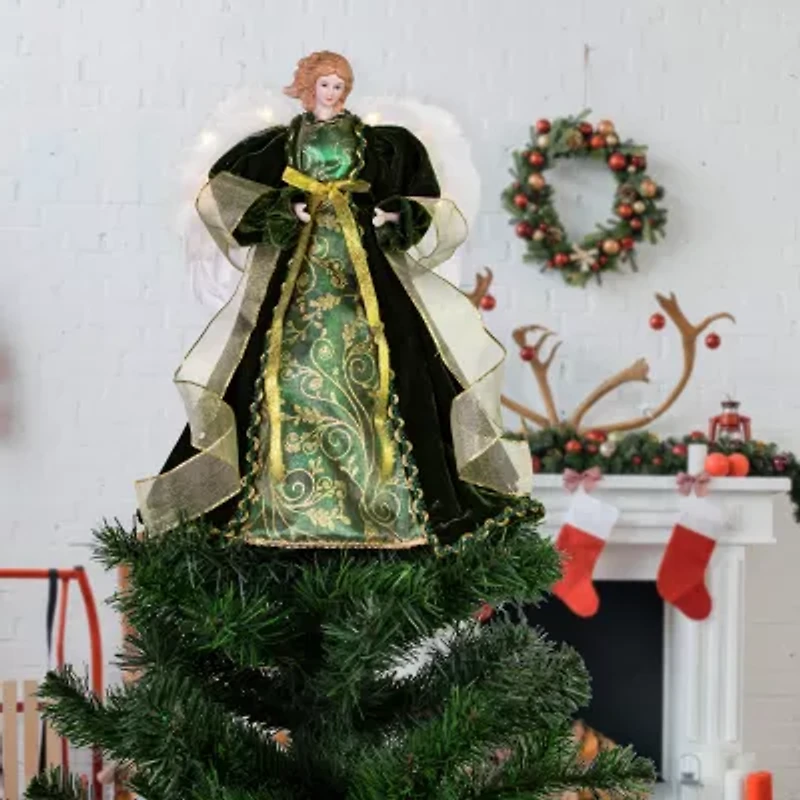 Northlight Angel With Lighted Wings - 14in - Green And Gold Christmas Tree Topper