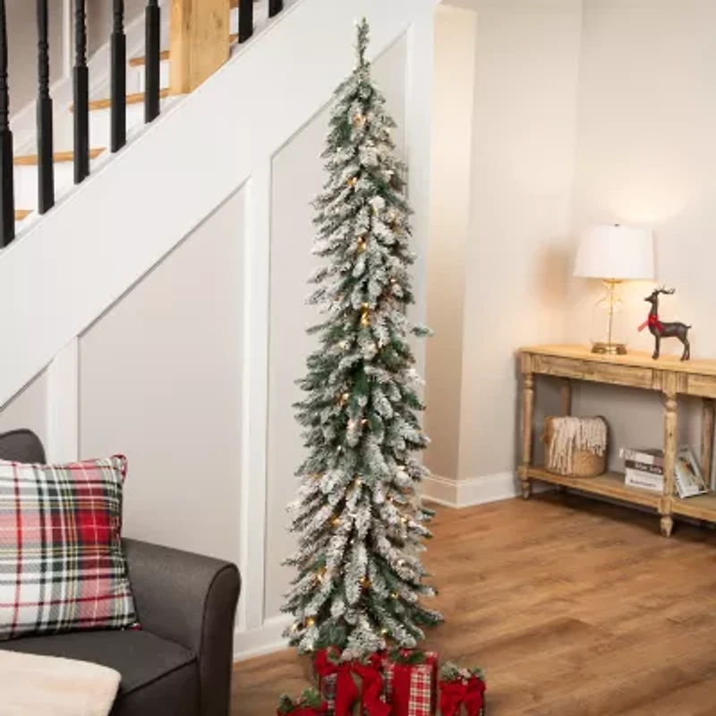 Northlight Pre-Lit Pencil Flocked Alpine - 6ft - Clear Lights 6 Foot Flocked Pine Christmas Tree