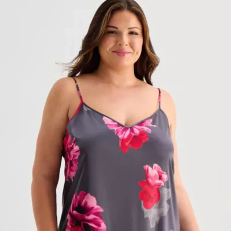 Ambrielle Womens Satin V Neck Sleeveless Plus Nightgown