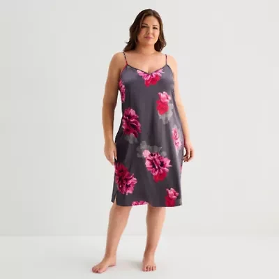 Ambrielle Womens Satin V Neck Sleeveless Plus Nightgown