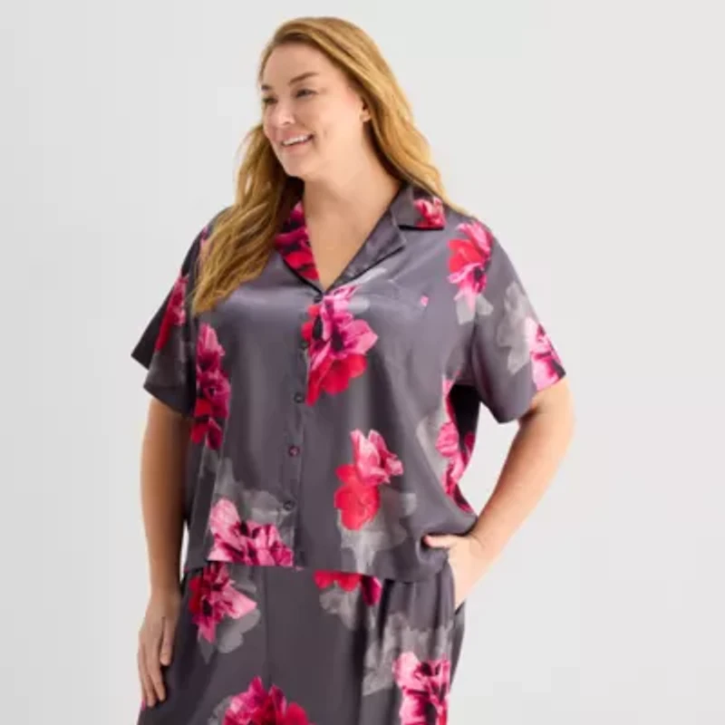 Ambrielle Womens Satin Short Sleeve 2-pc. Plus Pajama Sets