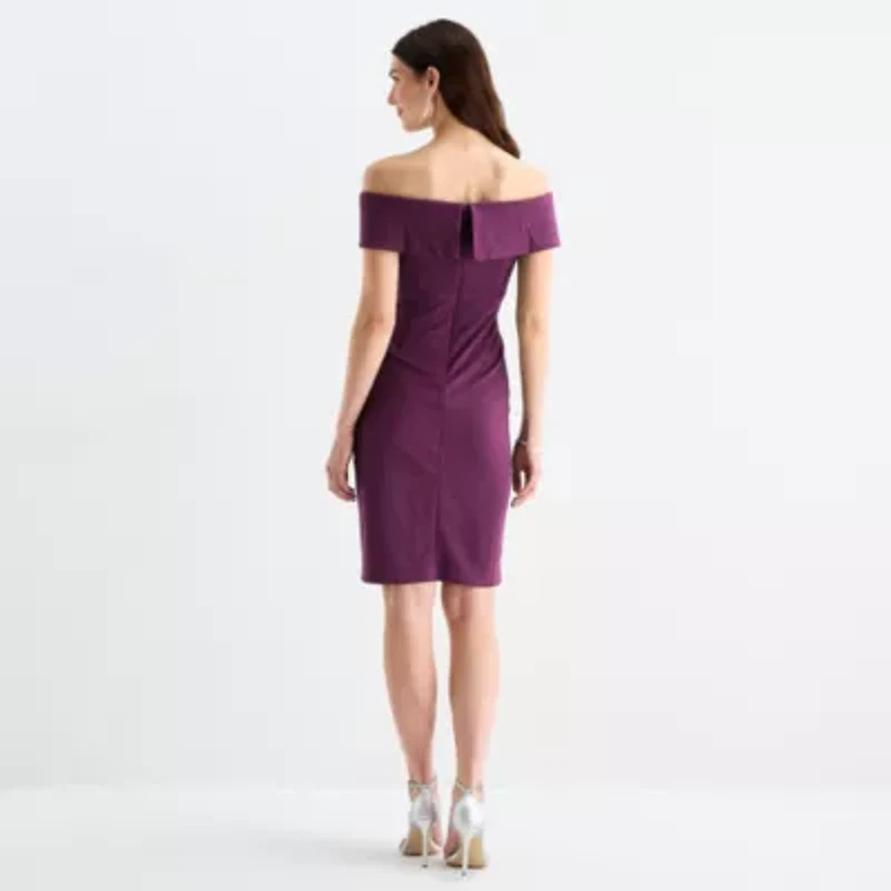 S. L. Fashions Womens Off The Shoulder Short Sleeve Glitter Sheath Dress