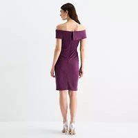 S. L. Fashions Womens Off The Shoulder Short Sleeve Glitter Sheath Dress
