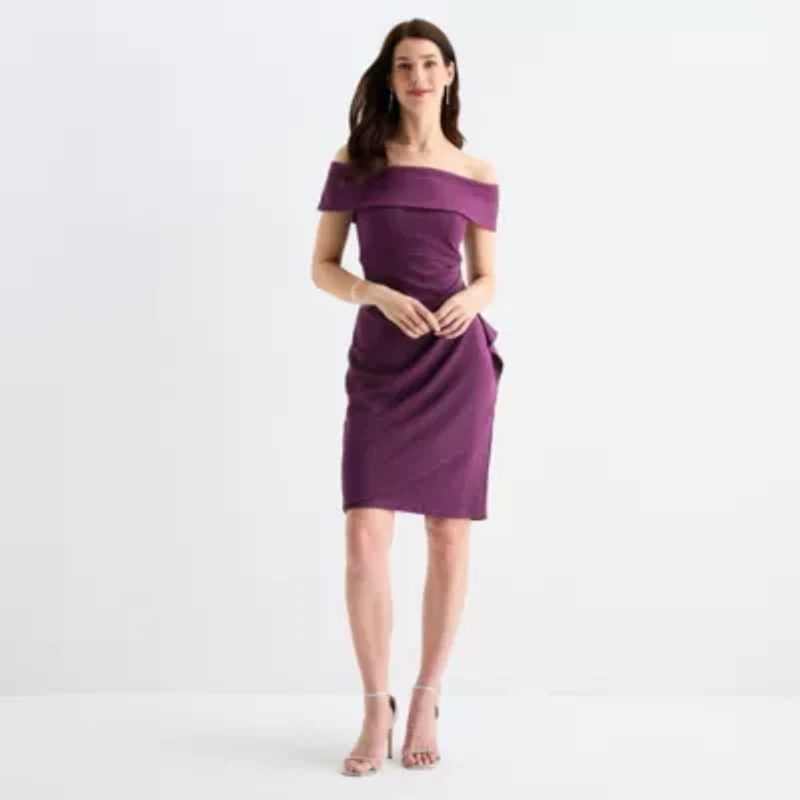 S. L. Fashions Womens Off The Shoulder Short Sleeve Glitter Sheath Dress