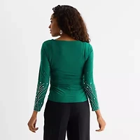 MSK Womens Round Neck Long Sleeve Embellished Blouse